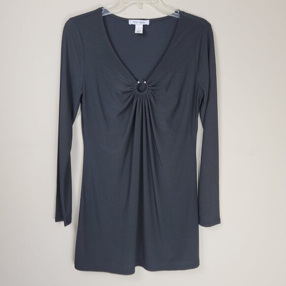 White House Black Market Womens Black V-Neck Tunic Top Gathered Front Detail - Picture 2 of 9